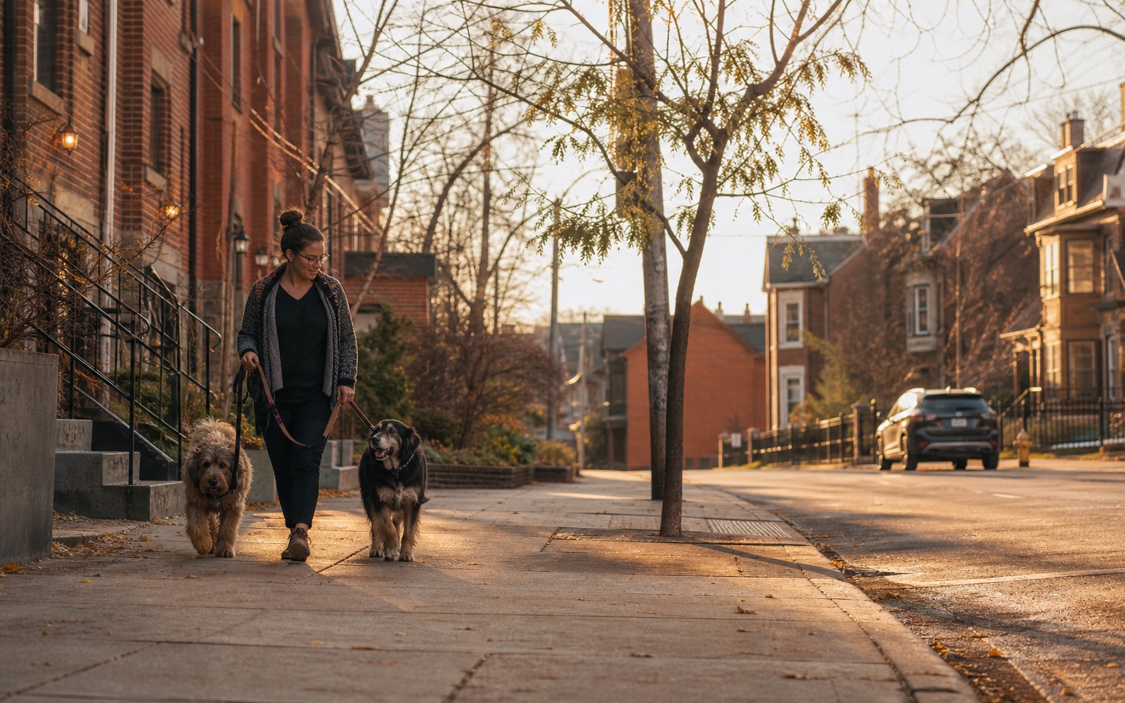 A caregiver walking two dogs through a Toronto neighbourhood
